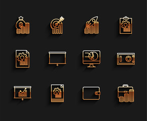 Poster - Set line Board with graph chart, Document, Money bag and coin, Wallet, Briefcase, Chalkboard, Safe and Computer monitor icon. Vector