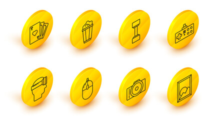 Sticker - Set line Picture landscape, Photo camera, Computer mouse, Virtual reality glasses, Gamepad, Dumbbell, Popcorn in cardboard box and Playing with heart symbol icon. Vector