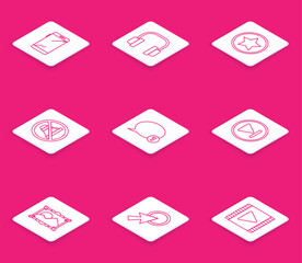 Poster - Set line Smartphone, mobile phone, Headphones, Star, Speaker mute, Speech bubble chat, Fast forward, Picture landscape and Arrow cursor icon. Vector