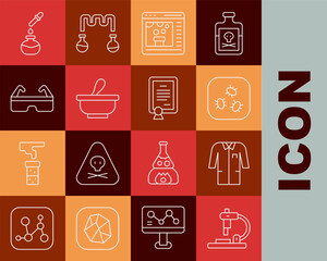 Poster - Set line Microscope, Laboratory uniform, Bacteria, Chemical online, Mortar and pestle, Safety goggle glasses, Test tube flask and Certificate template icon. Vector
