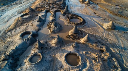 Wall Mural - a birds eye view of a large intricate network of mud volcano cones connected by narrow muddy paths.