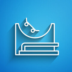 Sticker - White line Skate park icon isolated on blue background. Set of ramp, roller, stairs for a skatepark. Extreme sport. Long shadow. Vector