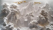 © Maksym - A concrete wall featuring volumetric stucco molding with golden details, capturing the beauty of a Japanese landscape with waterfalls, mountain ranges, and sakura trees.