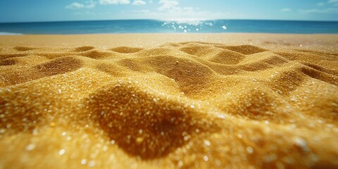 Wall Mural - Closeup of golden sand dunes on a sunny beach with the ocean and sky in the background. Summer  and travel theme.  Design for poster, wallpaper, banner with copy space. 