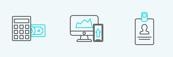 Poster - Set line Identification badge, Calculator with dollar symbol and Financial chart graph the computer monitor and mobile phone icon. Vector