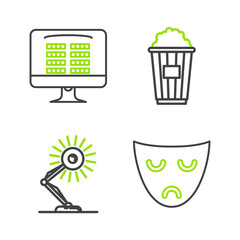 Poster - Set line Drama theatrical mask, Table lamp, Popcorn in cardboard box and Buy cinema ticket online icon. Vector