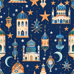 Poster - A seamless pattern showcasing detailed lanterns, stars, and mosque elements, symbolizing the holy month of Ramadan Kareem