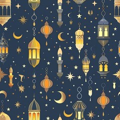 Poster - A seamless pattern showcasing detailed lanterns, stars, and mosque elements, symbolizing the holy month of Ramadan Kareem