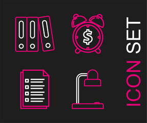 Poster - Set line Table lamp, File document, Alarm clock with dollar symbol and Office folders papers and documents icon. Vector