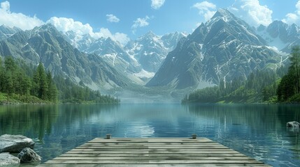 Wall Mural - A serene mountain lake with a wooden dock and reflections of peaks. 