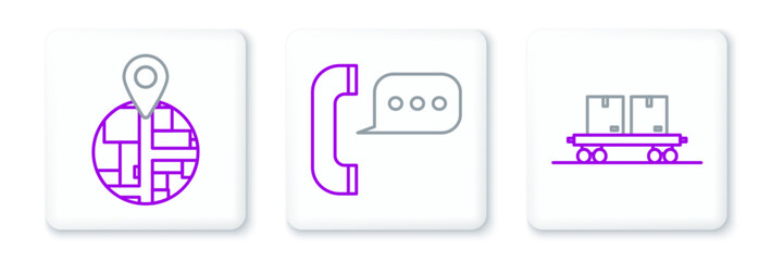 Poster - Set line Railway carriage, and Telephone with speech bubble chat icon. Vector