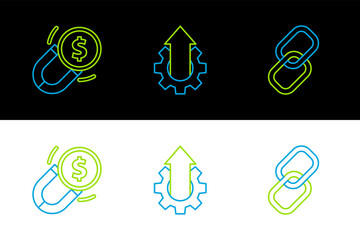 Poster - Set line Chain link, Magnet with money and Arrow growth gear business icon. Vector