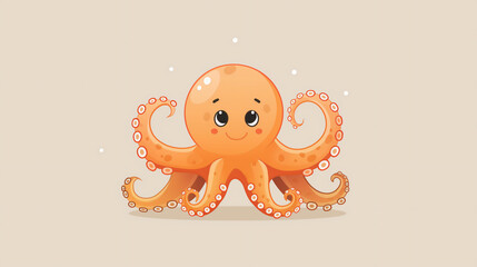 Wall Mural - Funny Isolated.  Smiling Baby Octopus Sportsman with two Tentacles up on Beige Background. Flat design Illustration. Suitable for Banner, Wallpaper, Poster, Flyers, Brochure  