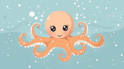 Wall Mural - Isolated Smiling beige Baby Octopus on Blue Background with White Bubbles. Illustration with Copy Space