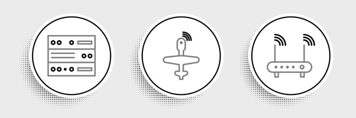 Poster - set line router and wi-fi signal, server, data, web hosting and uav drone icon. vector
