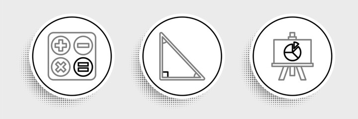 Poster - set line chalkboard with diagram, calculator and triangle math icon. vector
