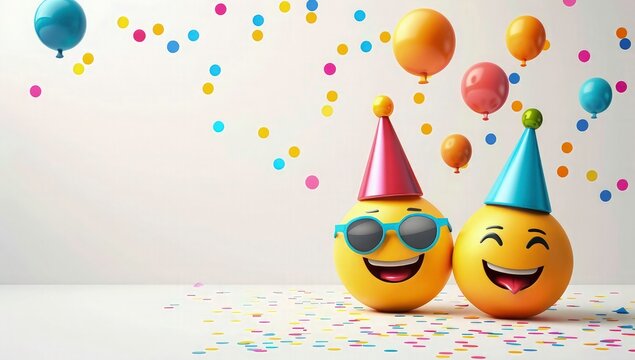 Smile greeting card with party hat and sunglasses emoji face. Happy birthday greeting with 3d smile character copy space for text