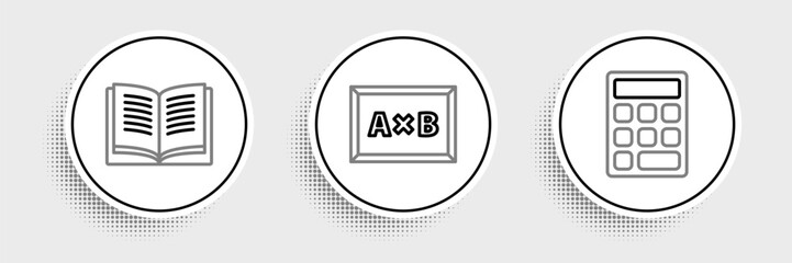 Poster - set line calculator, open book and chalkboard icon. vector
