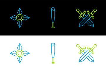 Poster - set line crossed medieval sword, japanese ninja shuriken and baseball bat icon. vector
