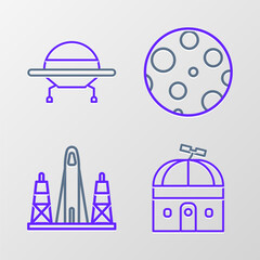 Poster - Set line Astronomical observatory, Rocket launch from the spaceport, Moon and UFO flying spaceship icon. Vector