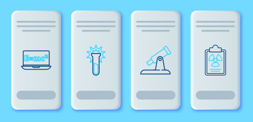 Poster - Set line Test tube and flask, Telescope, Equation solution and Radiation warning document icon. Vector