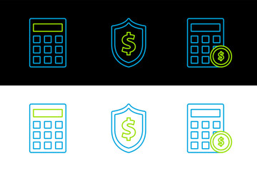 Poster - set line calculator with dollar symbol, and shield icon. vector