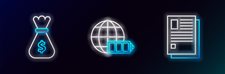 Wall Mural - Set line File document, Money bag and Battery charge level indicator with earth globe icon. Glowing neon. Vector