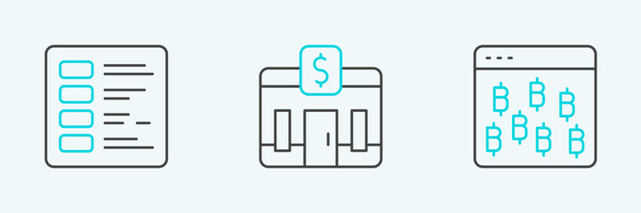 Poster - set line bitcoin in browser, business finance report and bank building icon. vector