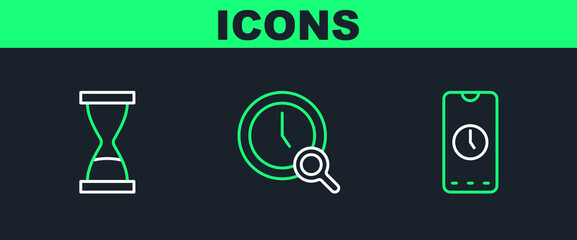Poster - Set line Alarm clock app mobile, Old hourglass with sand and Magnifying icon. Vector