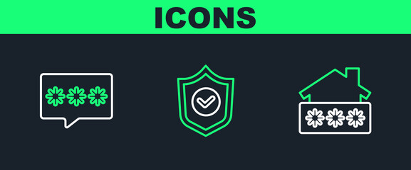 Poster - Set line House with password, Password protection and Shield check mark icon. Vector