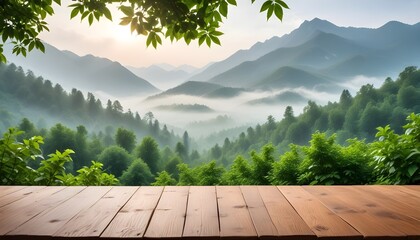empty wooden table with a landscape background. Nature, scenery 