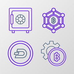 Aufkleber - Set line Cryptocurrency coin Bitcoin, Dash, Blockchain technology and Safe icon. Vector