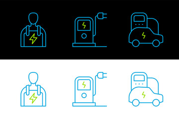 Sticker - Set line Electric car, Car mechanic and charging station icon. Vector