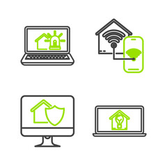 Sticker - Set line Laptop with smart house and light bulb, Computer monitor under protection, Smart home wi-fi and alarm icon. Vector