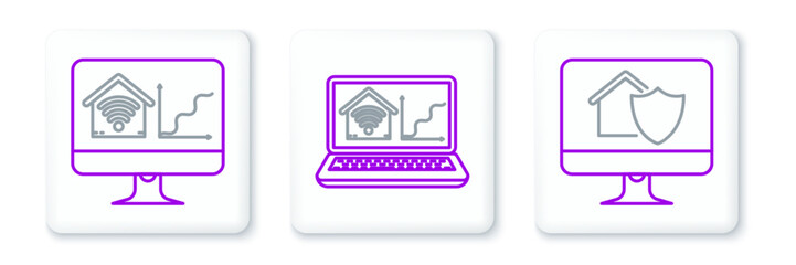 Poster - Set line Computer monitor with house under protection, smart home wi-fi and Laptop icon. Vector