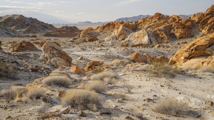 Wall Mural - the contrast of a pale dusty landscape with the deep rich hues of varnishcovered rocks creating a st