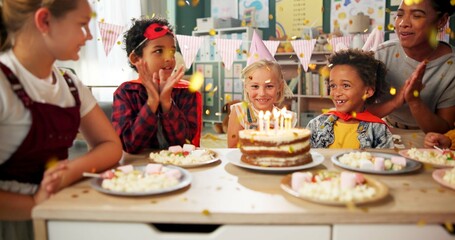 birthday, party and children with blowing of candles for celebration, development and growth of chil