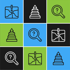 Sticker - Set line Intersection point, Unknown search and Pyramid chart infographics icon. Vector