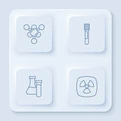 Sticker - Set line Molecule, Test tube, and Radioactive. White square button. Vector