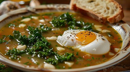 Sticker - Tasty Portuguese Acorda soup with greens, garlic, bread and poached egg close up . Generative Ai