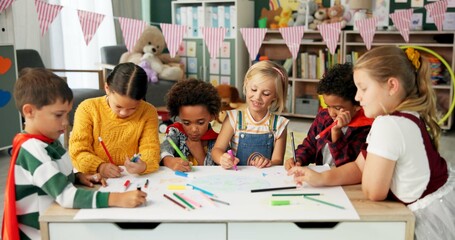 Aufkleber - Children, group and friends or drawing in classroom for creativity education, teamwork or project. Boys, girls and coloring pencil at desk for back to school art lesson or development, talk or youth