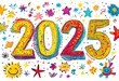 © Anna - Colorful illustration of the number 2025 surrounded by various doodles of stars, flowers, and smiley faces on a white background.