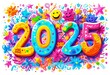 © Anna - Vibrant illustration of the number 2025 surrounded by various doodles of stars, flowers, and smiley faces on a white background.