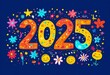 © Anna - Vibrant illustration of the number 2025 surrounded by various doodles of stars, flowers, and smiley faces on a dark blue background.