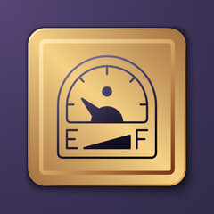 Wall Mural - Purple Motor gas gauge icon isolated on purple background. Empty fuel meter. Full tank indication. Gold square button. Vector