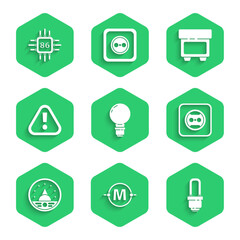 Poster - Set Light bulb with concept of idea, LED light, Electrical outlet, Ampere meter, multimeter, voltmeter, Exclamation mark in triangle, Fuse and Processor microcircuits CPU icon. Vector