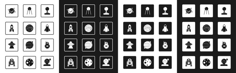 Wall Mural - set joystick, planet, rocket ship, satellites orbiting the planet, robot and ufo flying spaceship ic