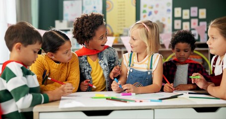 Happy children, drawing and coloring with classmates in kindergarten for fun activity in classroom. Group of young elementary kids sketching colorful paper, poster or sign for learning or development