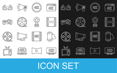 Poster - Set line Smart display with HD video, Camera vintage film roll cartridge, Play Video, 4k Ultra, Film reel, Movie, film, media projector, 3D cinema glasses and trophy icon. Vector