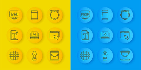 Poster - Set line Grid graph paper, Text file document, Laptop and cursor, Paint bucket, Web design development, Speech bubble with RGB CMYK, Circle Bezier curve and Eraser rubber icon. Vector